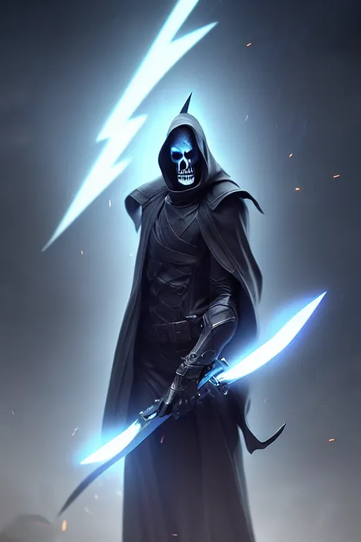 Prompt: epic portrait of grim reaper, lightning around him rendered in unreal engine 5, by wlop, greg rutkowski, and peter mohrbacher, octane render, ultra high detail, 3 d, extremely detailed shading, concept art, character design, trending on artstation, atmosphere, glow, cinematic lighting, vibrant colors