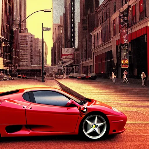 Prompt: 2 0 0 6 red ferrari 3 6 0 modena during golden hour, view of new york in warm light, highly detailed, artstation, concept art