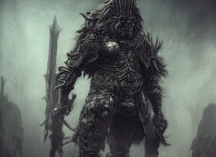 Prompt: were lion warrior concept, babylon armor, beksinski, ruan jia, the hobbit orc concept, dark soul concept