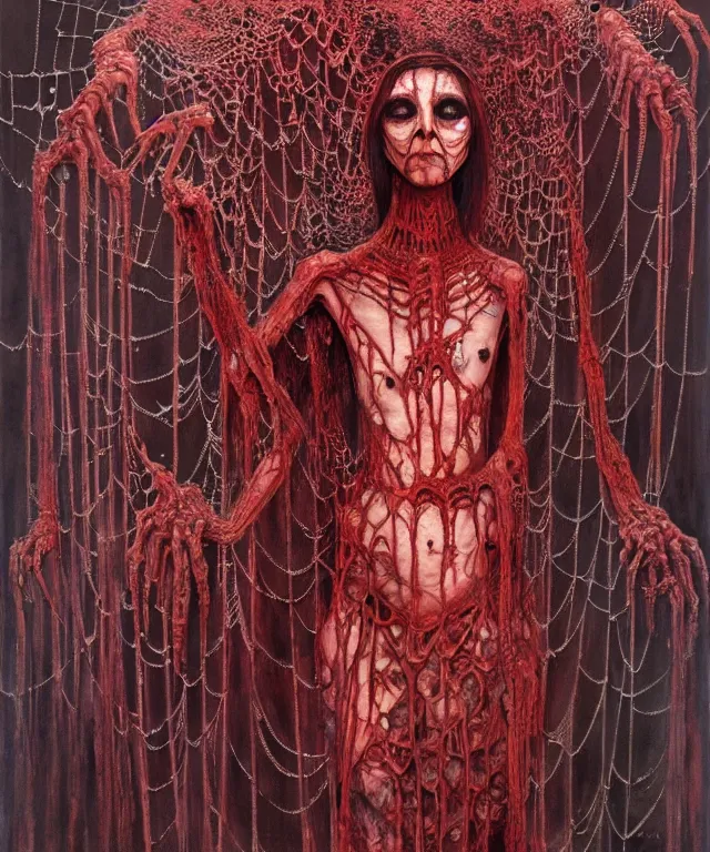 Prompt: a detailed creepy woman with many spider hands stands among the web. wearing a ripped mantle, robe. perfect faces, extremely high details, realistic, fantasy art, solo, masterpiece, art by hermann nitsch, zdzislaw beksinski, dariusz zawadzki, giger, dragan bibin, ed binkley