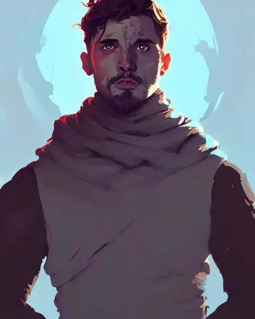 Prompt: portrait of raven male lord from game of thrones by atey ghailan, by greg rutkowski, by greg tocchini, by james gilleard, by joe fenton, by kaethe butcher, dynamic lighting, gradient light blue, brown, blonde cream and white color scheme, grunge aesthetic