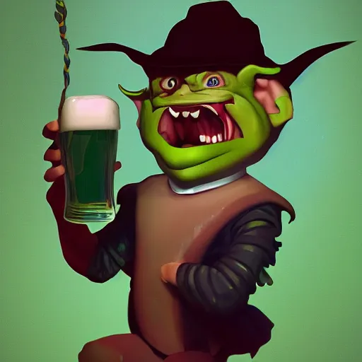 Image similar to happy Goblin smiling drinking a pint of beer artstation award winning photography