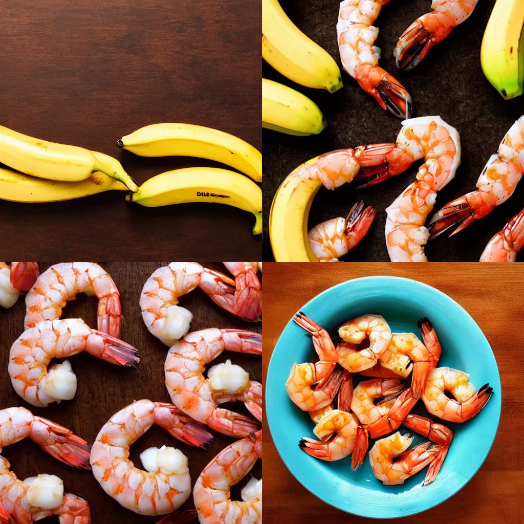 Prompt: shrimp in the shape and colors of a banana