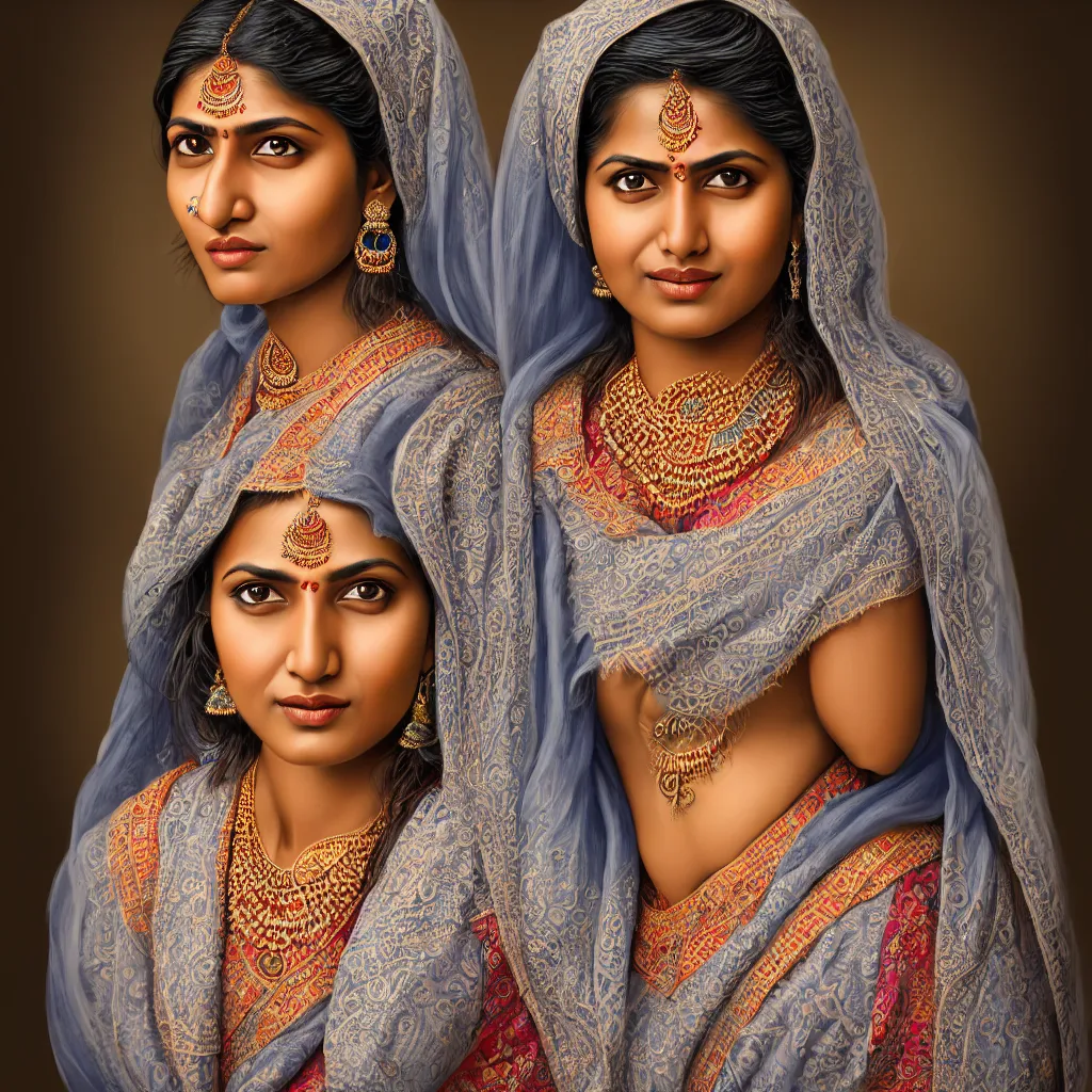 Prompt: highly detailed full body portrait of south asian brown happy woman in traditional wear, studio portrait, grey colored eyes, blue colored traditional wear, photo by jerry ghionis, hyper realistic, concept art, 8 k detail post - processing