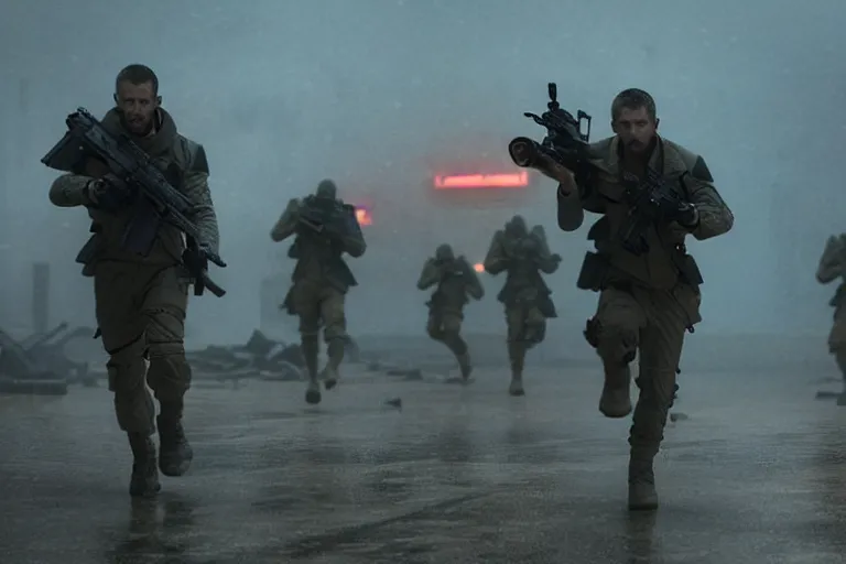 Image similar to vfx film closeup, blade runner 2 0 4 9 futuristic soldiers shoot at enemy robots futuristic war, battlefield, war zone, shootout, dilapidated city ruins, running, shooting, explosion, battlefront, leaping, flat color profile low - key lighting award winning photography arri alexa cinematography, big crowd, hyper real photorealistic cinematic beautiful, atmospheric cool colorgrade