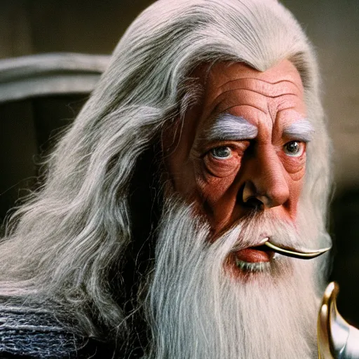 Image similar to A still of Gandalf as Captain Kirk on Star Trek, sharp focus, high quality, 4k