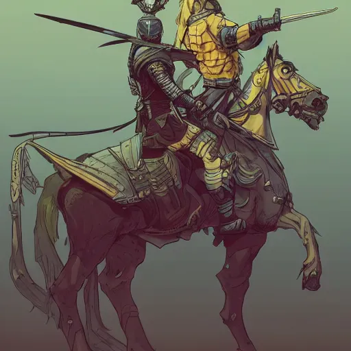 Prompt: cell shaded cartoon, a portrait of a warrior on a horse wearing ridiculously large black armor, illustration, wide shot, subtle colors, concept art by josan gonzales and wlop, laurie greasley, jordan grimmer and james jean, highly detailed, sharp focus, trending on artstation, hq, deviantart, art by artgem