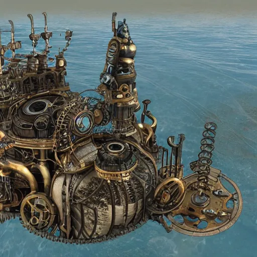 Image similar to a steampunk city on mechanical legs in the ocean