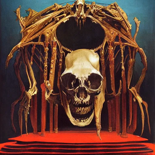 Prompt: A dark figure seated on a golden throne inside a whale skeleton in the sea by Francisco Goya and Francis Bacon, vibrant red background, mythological painting, oil painting, triadic color scheme, very coherent, Figure seated on a throne of marble, whale skeleton, Beksinski and James Jean painting