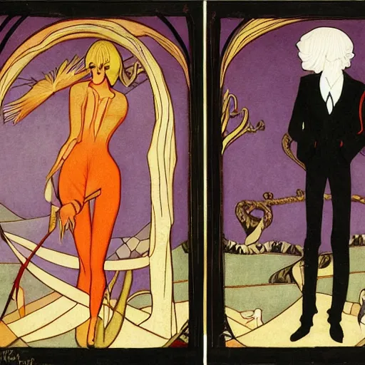 Image similar to rich by george barbier, by alex horley, by marius borgeaud kokedama. in the center of the mixed mediart is a large gateway that seems to lead into abyss of darkness. on either side of the gateway are two figures, one a demon - like creature, the other a skeletal figure.