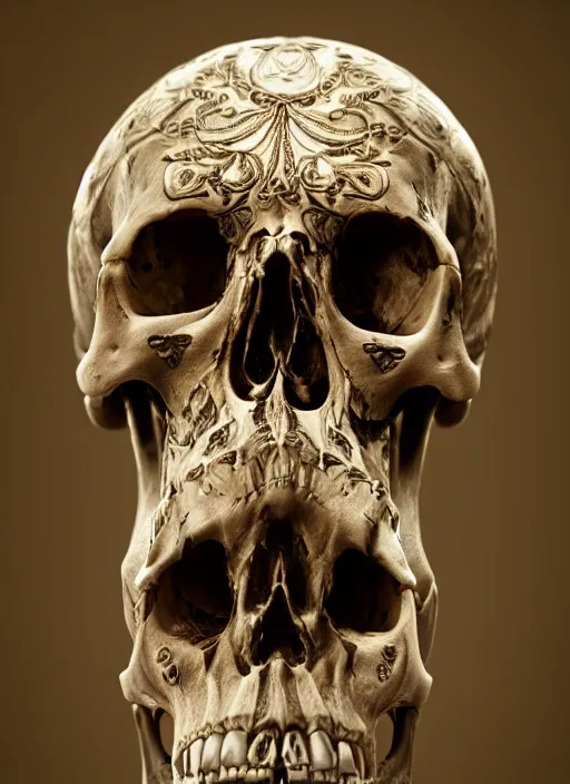 Image similar to hyper realistic photography of intricate renaissance skull ornament made of bone cinematic, symmetric detailed, artstation, cgsociety