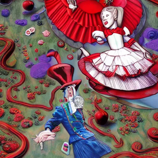 Image similar to recursive Alice in wonderland art. Highly detailed 4k warping in on itself image. Impossible shapes, Alice and the white rabbit chased by the red queen