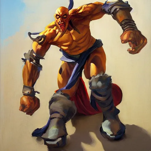 Image similar to greg manchess portrait painting of partially armored dhalsim from street fighter as overwatch character, medium shot, asymmetrical, profile picture, organic painting, sunny day, matte painting, bold shapes, hard edges, street art, trending on artstation, by huang guangjian and gil elvgren and gerald brom