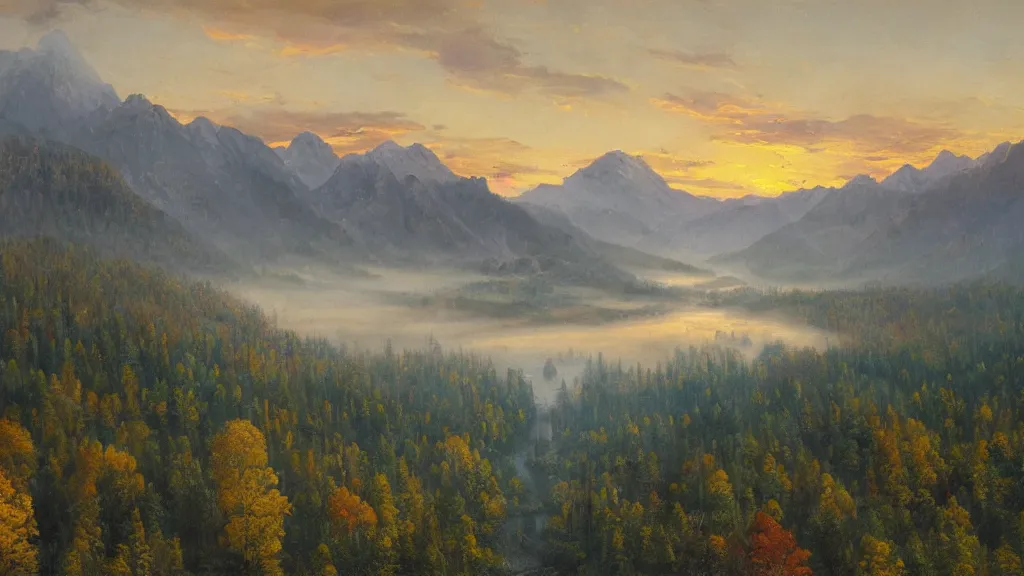 Image similar to The most beautiful panoramic landscape, oil painting, where the mountains are towering over the valley below their peaks shrouded in mist. The sun is just peeking over the horizon and the sky is ablaze with colors. The river is winding its way through the valley and the trees are starting to turn yellow and red, by Greg Rutkowski, aerial view