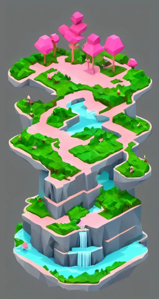 Image similar to a cute little matte low poly isometric cherry blossom forest island, pink waterfalls, mist, lat lighting, soft shadows, trending on artstation, 3d render, monument valley, fez video game, rule of thirds