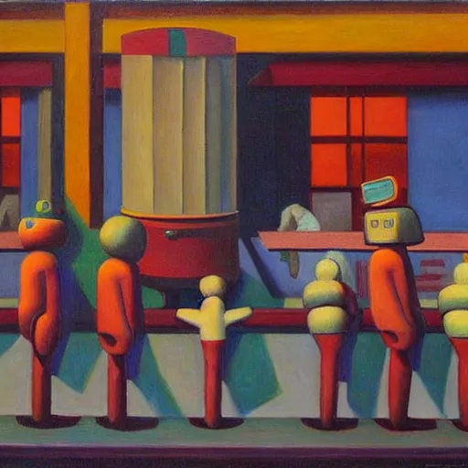 Prompt: robots queue up for ice cream, grant wood,! pj crook!,! edward hopper!, oil on canvas