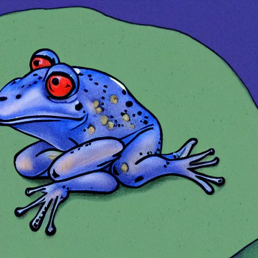 Prompt: illustration of a sad blue frog