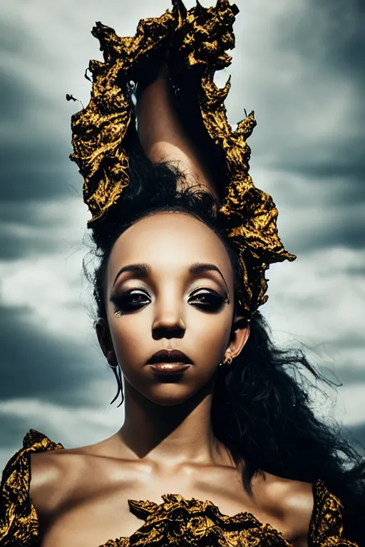 Image similar to photoshoot of tinashe as mysterious dark goddess of death, realism, clouds, swirling fabric, elaborate ornate growth, gilded relief, volumetric lighting, light shafts, ambient light, trending on artstation, by alessio albi