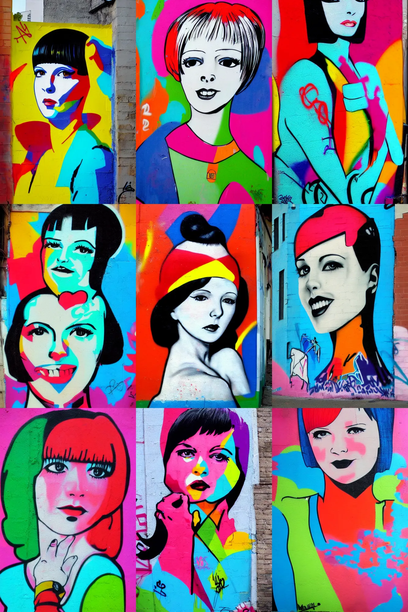 Prompt: graffiti of 2 2 year old mary louise brooks, graffiti street art, bright colours