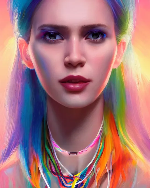 Prompt: half - electricity woman, white and multicolored hair and several necklaces around her neck, with cute - fine - face, pretty face, realistic shaded perfect face, fine details by realistic shaded lighting poster by ilya kuvshinov katsuhiro otomo, magali villeneuve, artgerm, jeremy lipkin and michael garmash and rob rey