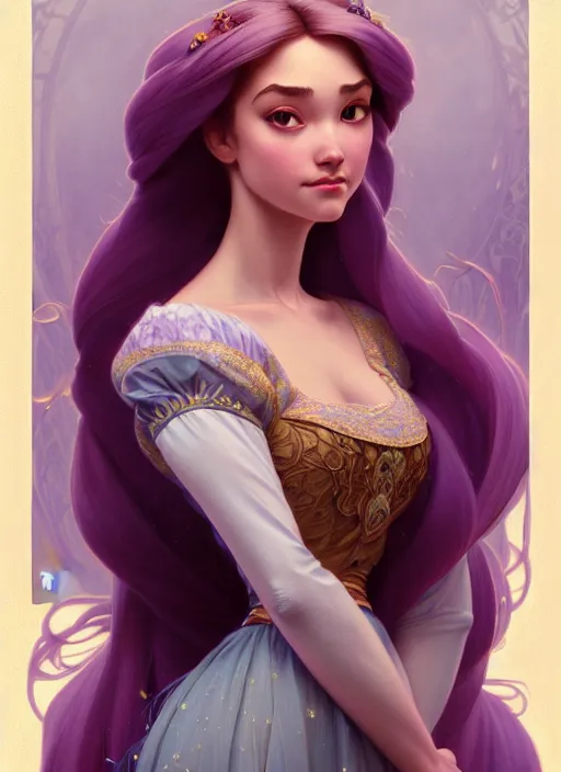 Image similar to portrait of rapunzel, intricate, elegant, highly detailed, my rendition, digital painting, artstation, concept art, smooth, sharp focus, illustration, art by artgerm and greg rutkowski and alphonse mucha and uang guangjian and gil elvgren and sachin teng, symmetry!!