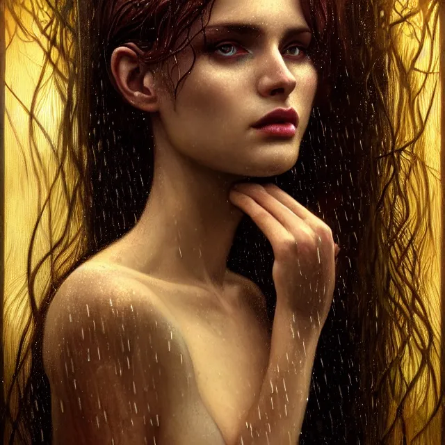 Image similar to bright portrait surreal rain on face and wet hair, diffuse overhead lighting, fantasy, intricate, elegant, dramatic lighting, highly detailed, lifelike, photorealistic, digital painting, artstation, illustration, concept art, smooth, sharp focus, art by John Collier and Albert Aublet and Krenz Cushart and Artem Demura and Alphonse Mucha