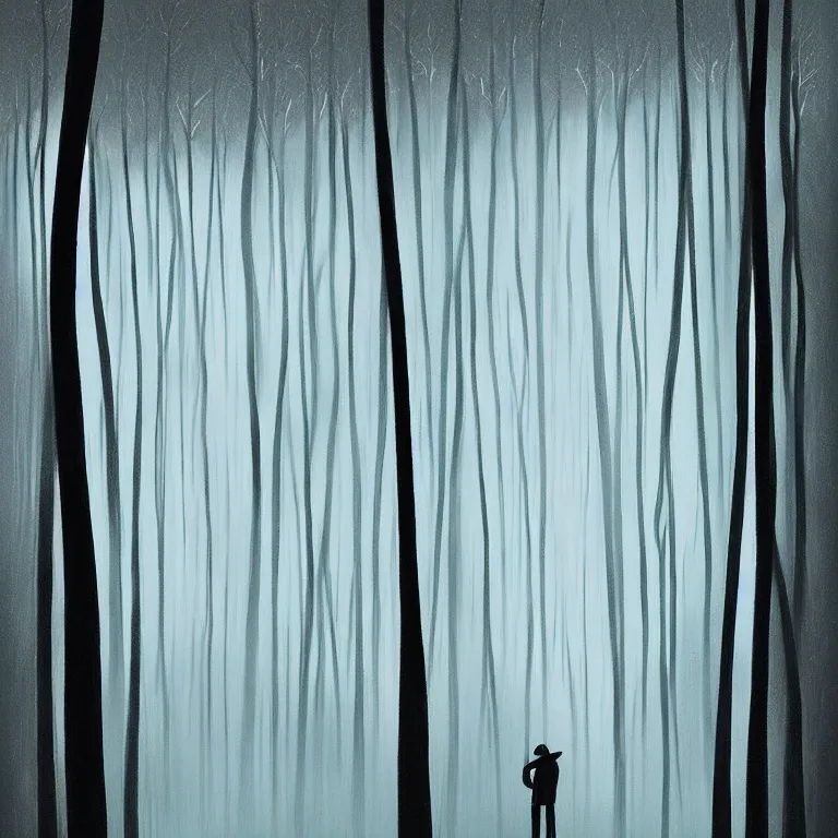 Prompt: a painting of a person standing in the rain surrounded by trees, a digital rendering by Eyvind Earle, deviantart, digital art, matte drawing, deviantart, soft mist