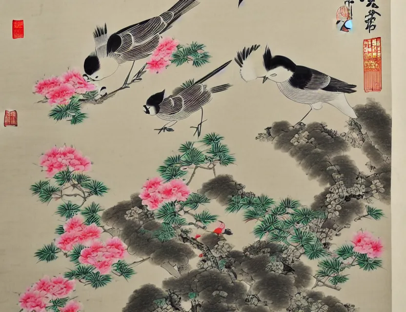 Image similar to bird in the garden and flowers chinese style art very detailed