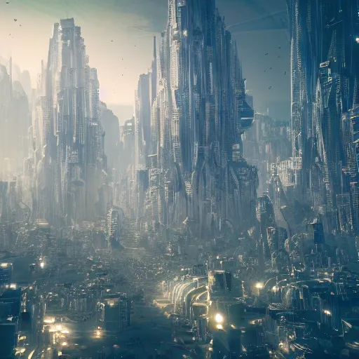 Image similar to 8 k photograph from a crowd of aliens, city, organic buildings, artstation