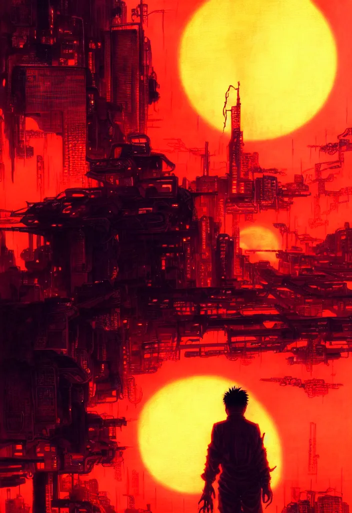 Image similar to tetsuo over neo - tokyo, silhouetted by a red sun | anime, matte painting, dystopian megacity neo - tokyo akira, shaded perfect, fine details. realistic shaded lighting anime manga artwork by katsuhiro otomo, akira, artgerm, jeremy lipkin and michael garmash and rob rey