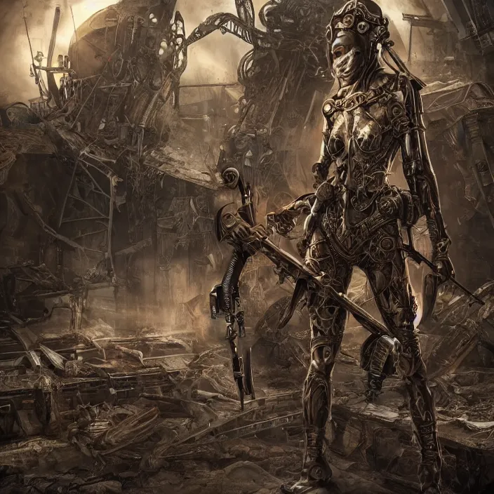 Image similar to apocalyptic woman in hood standing in hall of machinery and weaponry, hyper - detailed, smooth, sharp focus, 4 k ultra hd, fantasy dark art