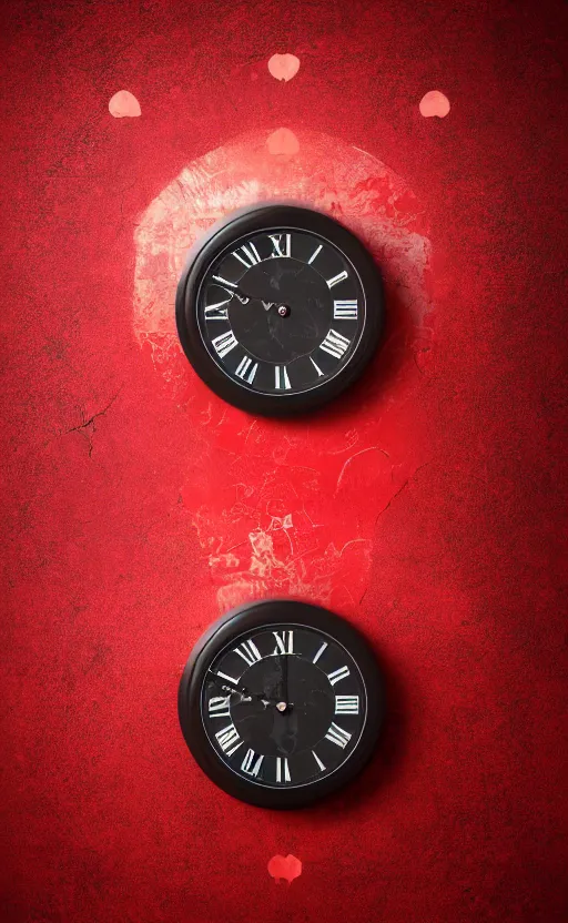 Image similar to a melting Roman numeral clock, behind a red and black gradient background, awith a black heart shaped on the top left corner and a black diamond card shape in the bottom right corner, dynamic lighting, photorealistic fantasy concept art, trending on art station, stunning visuals, cinematic, creative, ultra detailed