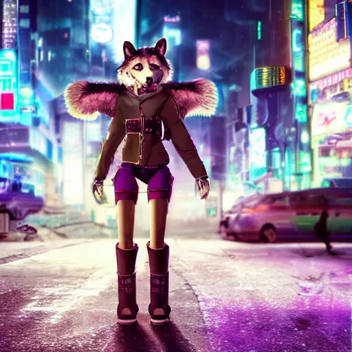 Image similar to anthropomorphic female wolf fursona wearing a tech harness in a cyberpunk city, photo realistic, ambient lighting