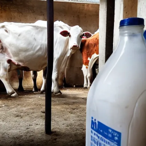 Prompt: dirty bottle of milk and a cow inside slaughterhouse