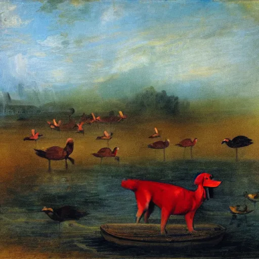Prompt: A red dog sitting in the middle with red squares floating. Ducks flying in the background. in the art style of William Turner. Dramatic, high resolution.