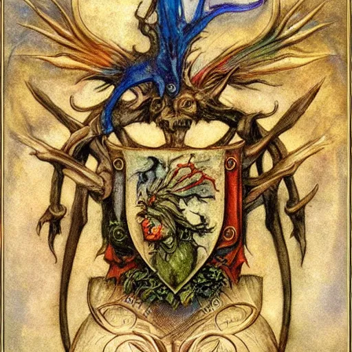 Prompt: coat of arms by brian froud