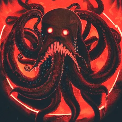 Image similar to a demonic kraken with glowing red eyes eating a battle ship