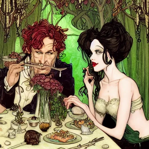 Image similar to a beautiful picture of doctor poison ivy professor of botany and doctor liliana onyx professor of demonology having lunch, academic clothing, dark eyeliner, intricate, elegant, highly detailed, digital painting, artstation, concept art, matte, sharp focus, illustration, art by rebecca guay and by arthur rackham and by john william waterhouse