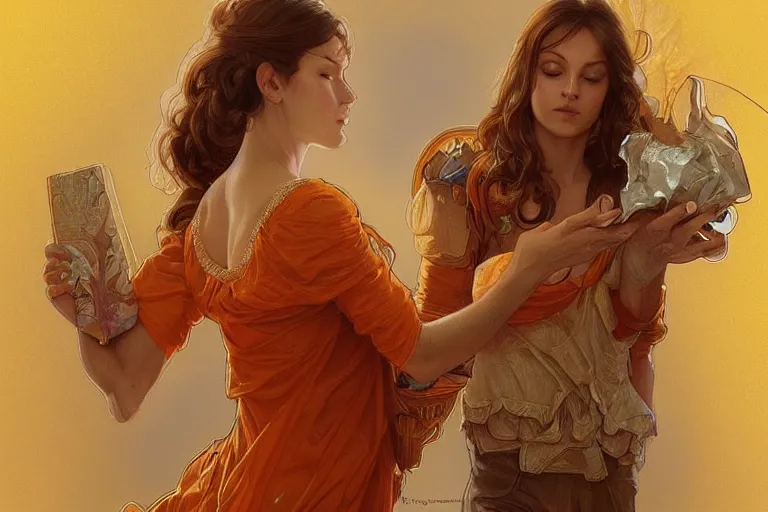 Image similar to portrait of tinfoil hat man in orange t - shirt behind his wife, feelings, romantic, fantasy, intricate, elegant, highly detailed, digital painting, artstation, concept art, smooth, sharp focus, illustration, art by artgerm and greg rutkowski and alphonse mucha