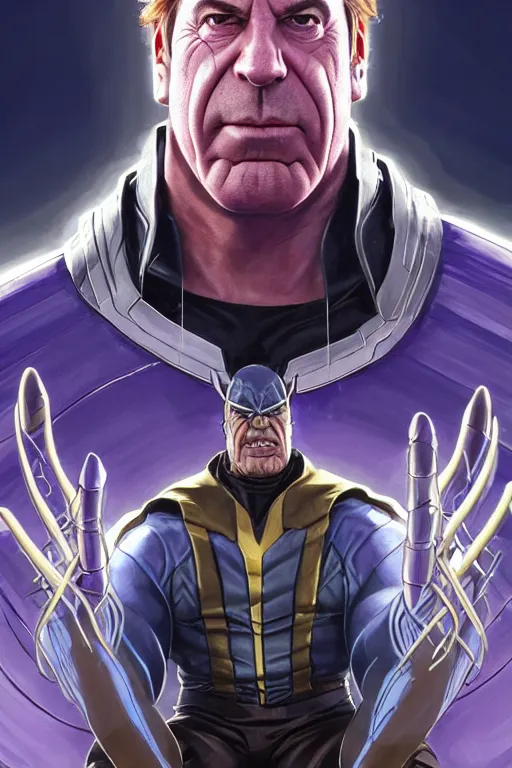 Prompt: Saul Goodman as Thanos, claws are up, X-man costume, Saul Goodman hairstyle, calm, grumpy, portrait, masculine figure, highly detailed, digital painting, artstation, concept art, smooth, sharp focus, illustration, cinematic lighting, art by artgerm and greg rutkowski and alphonse mucha