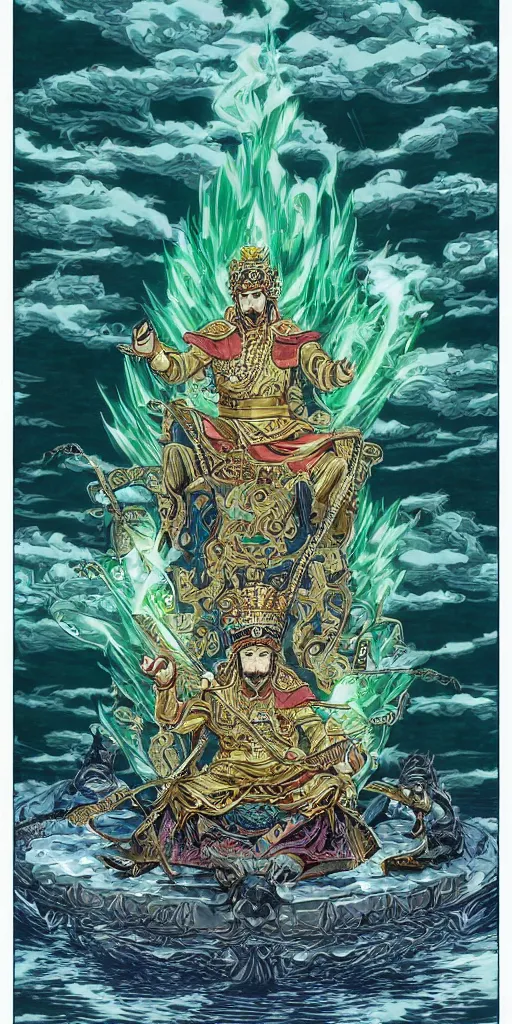Prompt: a lone emperor sitting on a emerald throne floating on water in the middle of a lake drawn by Makoto Yukimura in the style of Vinland saga anime, full color, detailed, psychedelic, Authority