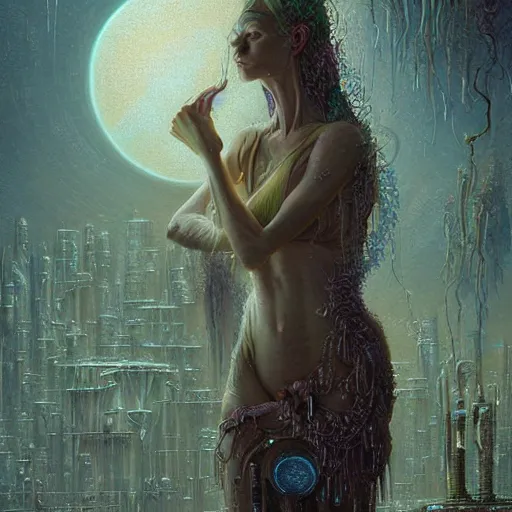 Image similar to a beufitul pale women goddess sweaty skin simetrical face james eads casper david friedrich raphael lacoste vladimir kush tim white leis royo michael whelan bruce pennington volumetric light effect broad light oil painting biopunkdigital painting cyberpunk fantasy art style industrial art sci - fi art style realism post - apocalyptic renaissance steampunkspace artwork unreal engine