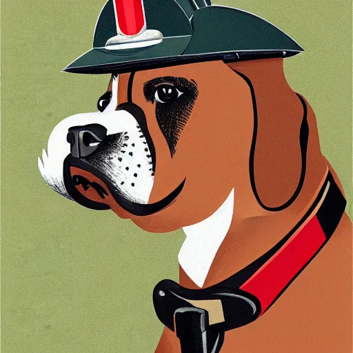 Image similar to illustration of boxer dog with military helmet and cigar in mouth, ww 2