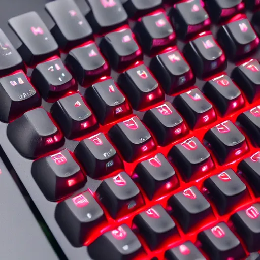 Prompt: photorealistic red mechanical computer keyboard, 8k, closeup macro photography