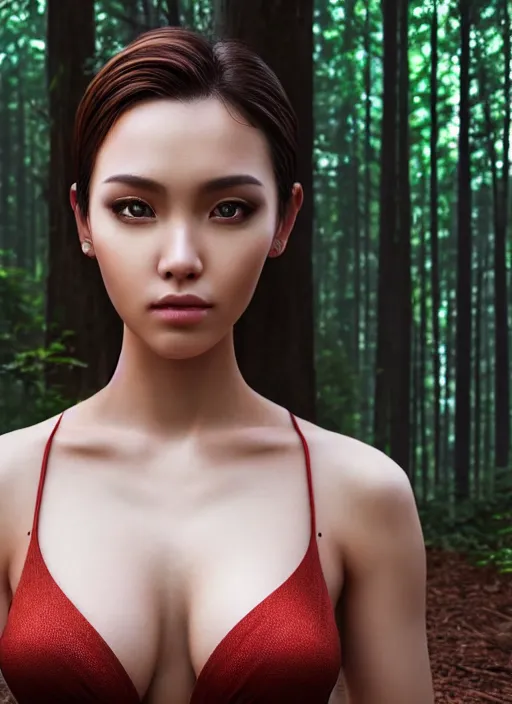 Image similar to photo of a gorgeous female in the style of stefan kostic, realistic, professionally, professionally color graded, half body shot, sharp focus, 8 k high definition, insanely detailed, intricate, elegant, art by stanley lau and artgerm, shallow depth of field, blurred forest in background