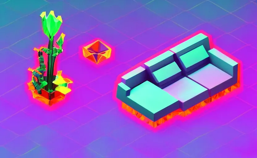 Image similar to isometric low poly isometric crystal plant sofa with alien aesthetic inspired by pandora in the avatar movie, it has bioluminescent plants growing on top of it, beautiful neon orange - yellow with blue hints and it's bedecked with some sparkling crystals all over the place. black background, night isometric artstation neon. behance, pinterest