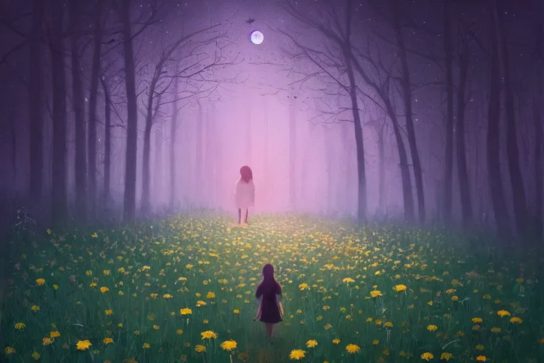 Image similar to giant bunch of daisy flowers head, girl walking in dark forest, surreal photography, dark night, stars, moon light, impressionist painting, clouds, digital painting, artstation, simon stalenhag