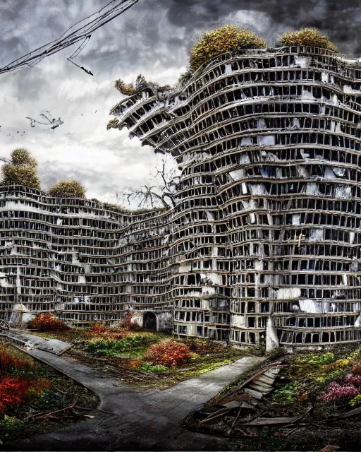 Image similar to a beautiful hyperdetailed painting of building unfinished building industrial architecture city hall abandoned nature urbex by toyo ito, thermal imaging apocalyptic, archdaily, wallpaper, highly detailed, trending on artstation.