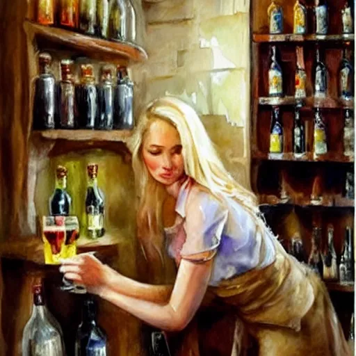 Image similar to hot blonde working in a wine cellar, food, pork, beer, schnapps, rustic, traditional, torches on the wall, watercolor by vladimir volegov