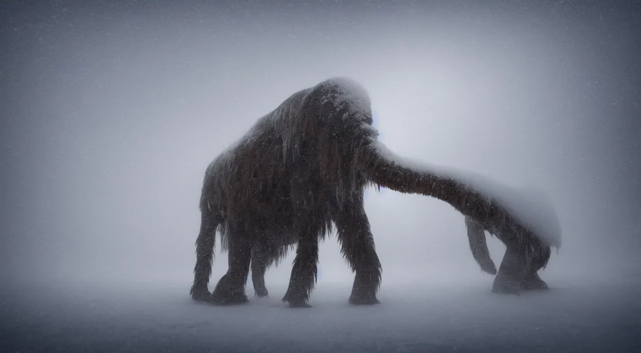 Image similar to “photo of a mechanical mammoth in an arctic storm, fog, snow storm, cold sunset, wind , ice, photoreal”